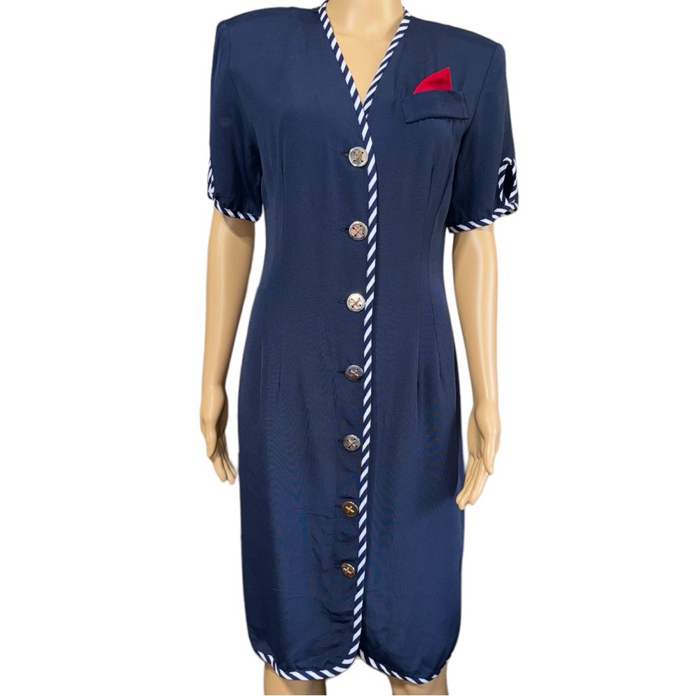 DAVID BENJAMIN Vintage 80s Front Button Dress Women's Size 12 Navy Blue
